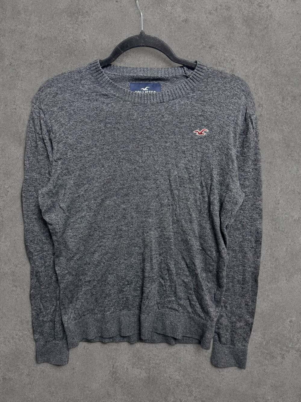 Hollister Charcoal Grey Crewneck Knit Sweater with Embroidered Logo